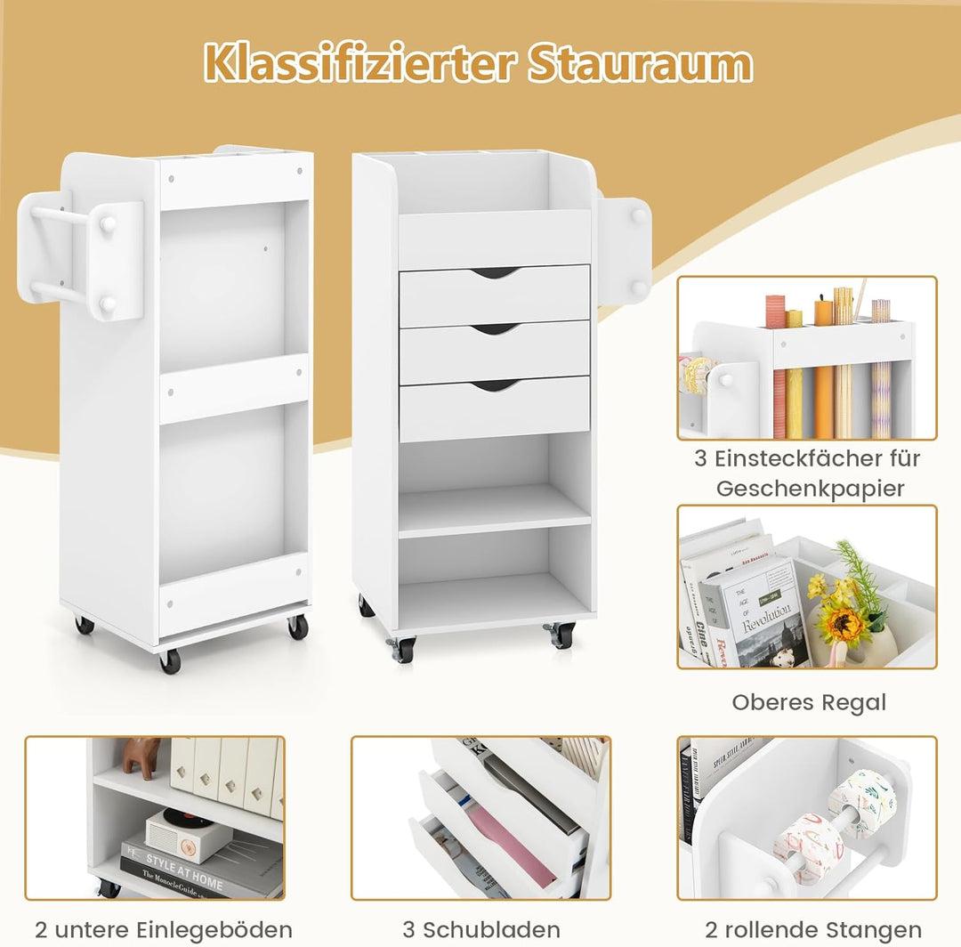 COSTWAY Rollcontainer mit 3 Schubladen, Bastelwagen mit 2 Rollstangen & 3 Fächern, Schubladenschrank