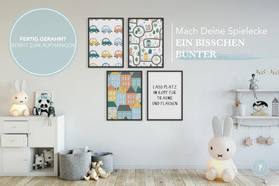 Papierschmiede® Kinderbilder 4er Set, A4 gerahmt in Holzrahmen (schwarz), Geschenk für Jungen Wandde