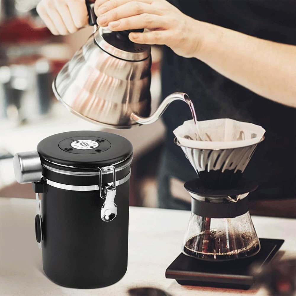 Luftdichter Kaffeebehälter aus Edelstahl, 1,8L, mit Auslassventil, Vorratsdose für Kaffeebohnen, Nüs