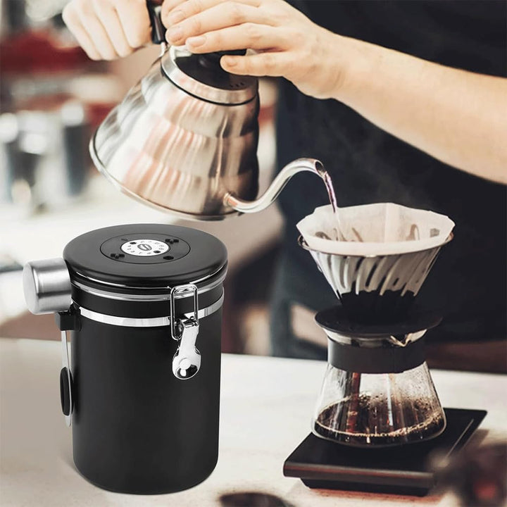Luftdichter Kaffeebehälter aus Edelstahl, 1,8L, mit Auslassventil, Vorratsdose für Kaffeebohnen, Nüs