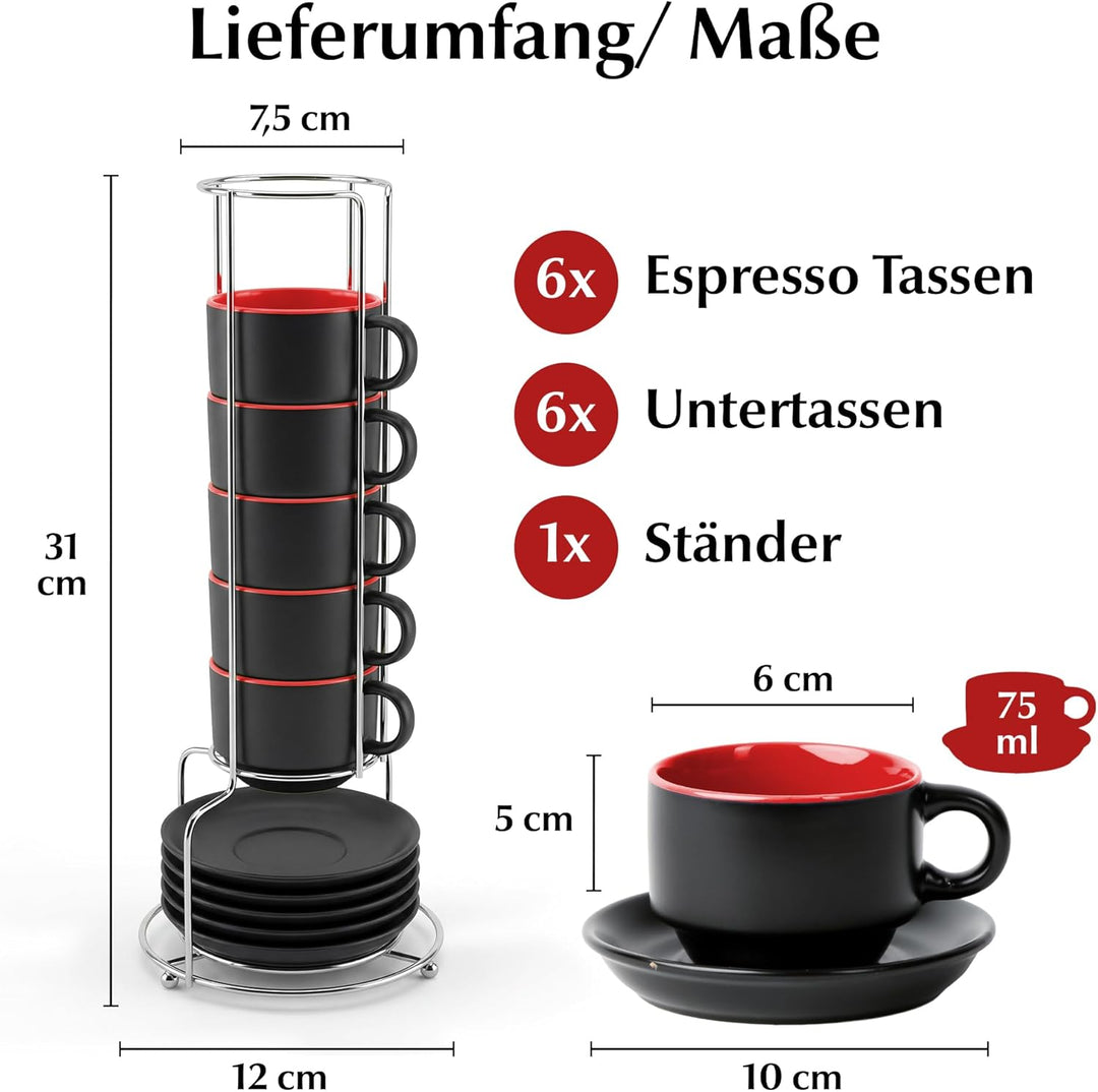 MIAMIO - 6 x 75 ml Espressotassen Set/Espresso Tassen Set mit Untertasse & Ständer - Kaffeetassen Se