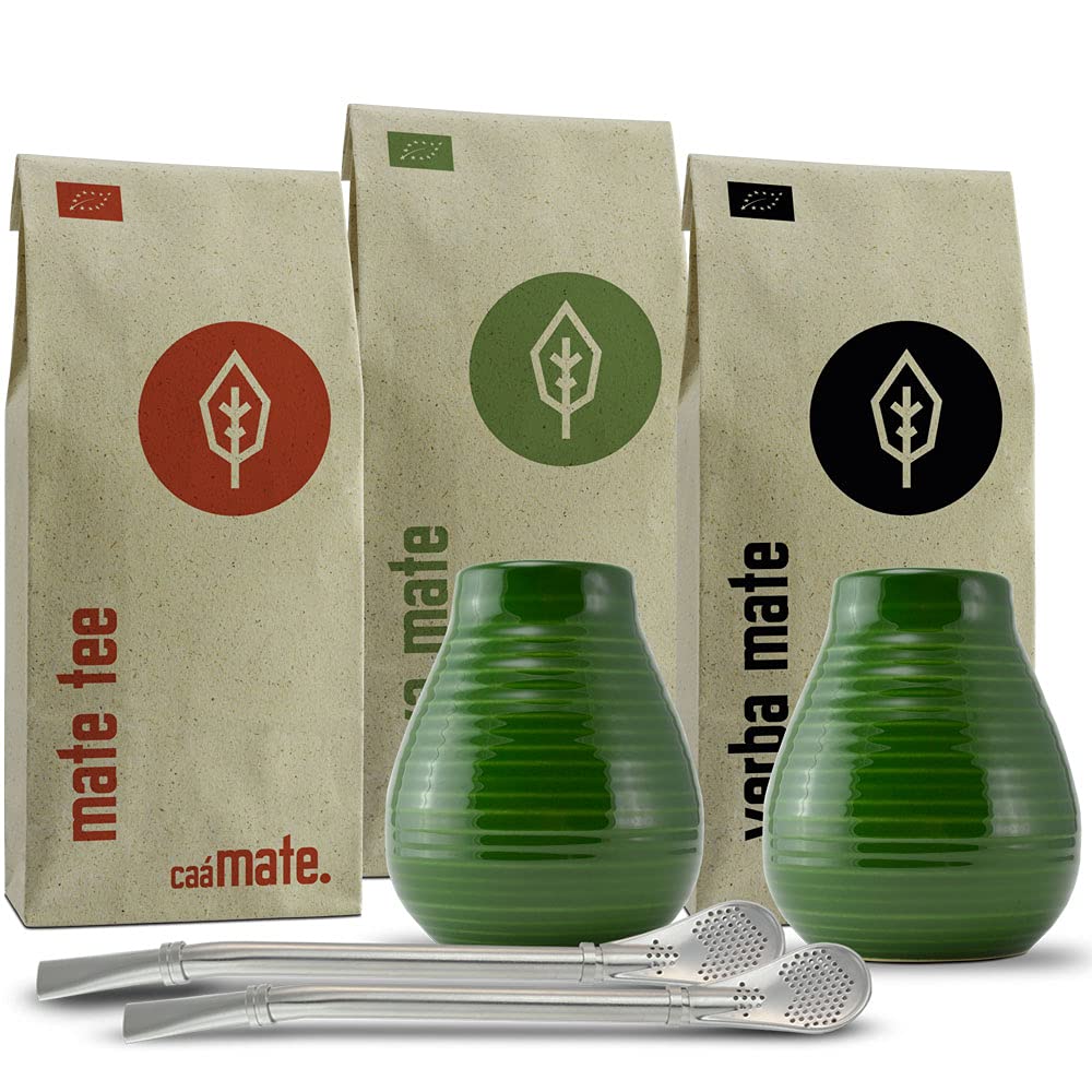 Mate Tee Set für Zwei Bio ● 2 Matebecher + 2 Bombillas + 300g Matetee + Zubereitungsanleitung (grün)
