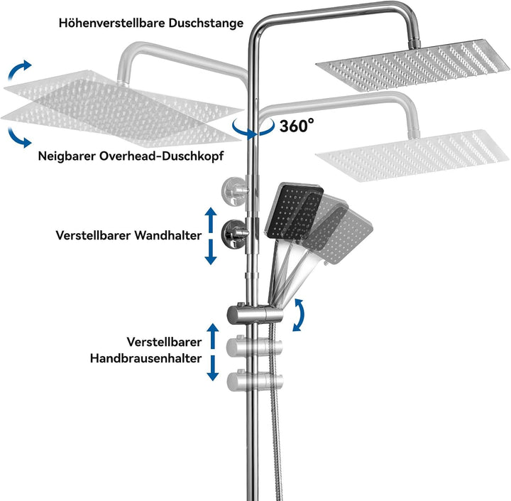 Auralum Thermostat Regendusche Komplettset Chrom Edelstahl mit 30cm Überkopfbrause, Höhenverstellbar