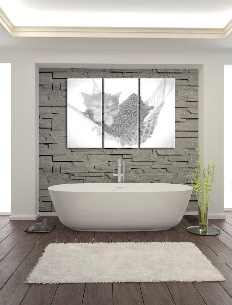 Pixxprint Schlafendes Katzenbaby in Hängematte Kohle Zeichnung Effekt 3-Teiler Leinwandbild 120x80 B