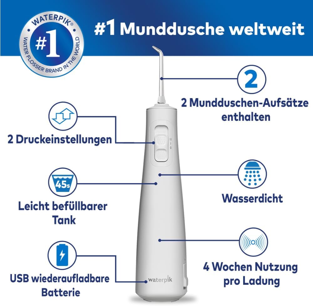 Waterpik Pulse Munddusche kabellos, Professionelle 99,9% Plaque Entfernung, 2x Intensitätsmodi, Zahn