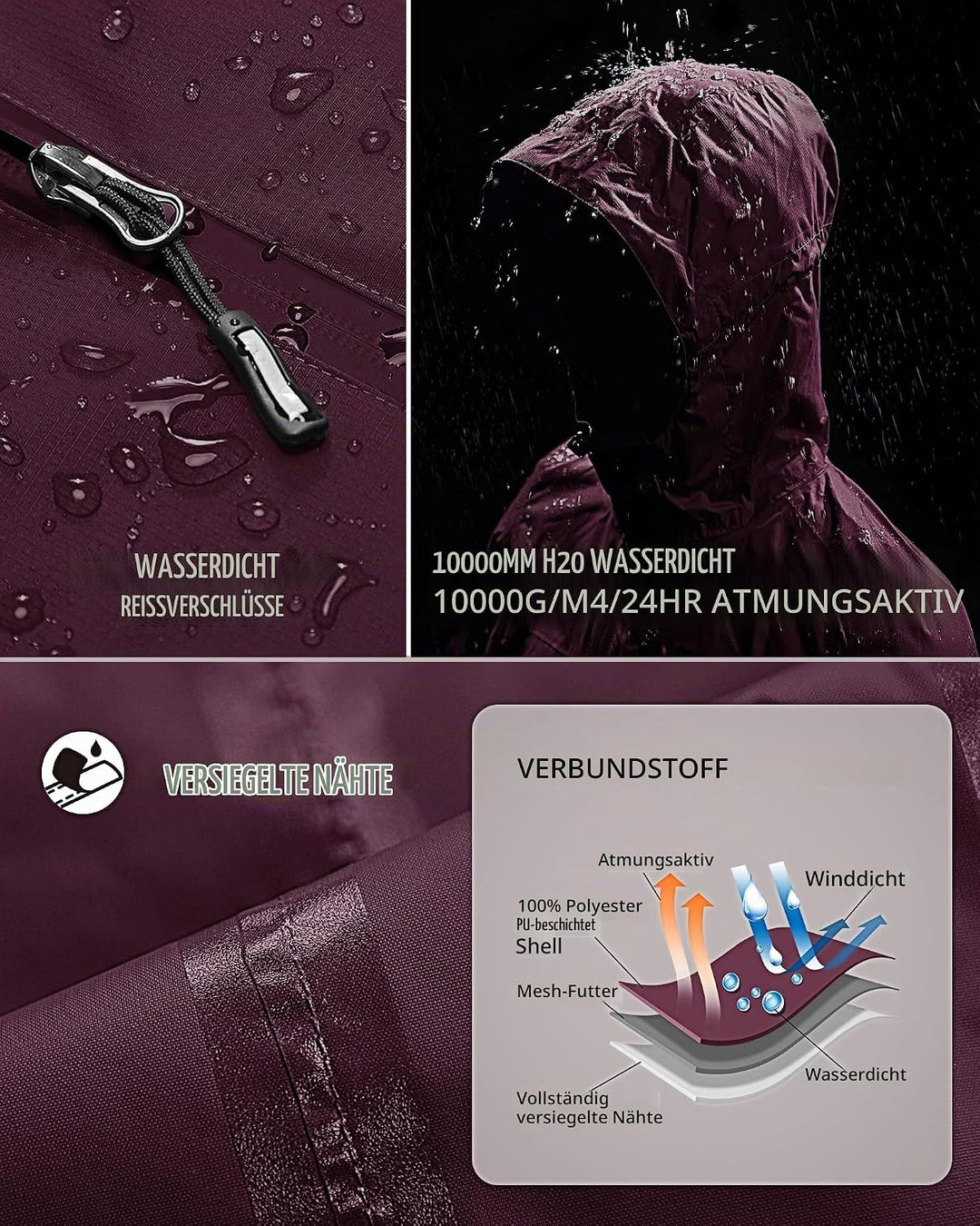 Outdoor Ventures Damen Regenjacke 10000MM Wasserdicht Leichte Gefüttert Packbar Sportjacke Funktions