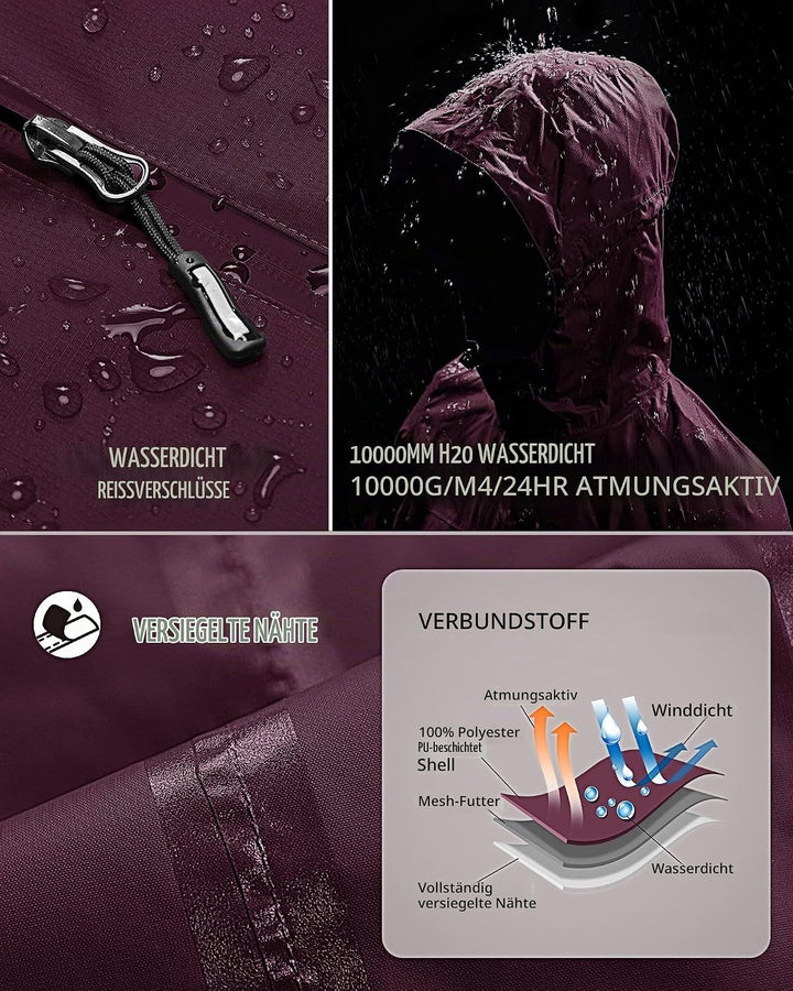 Outdoor Ventures Damen Regenjacke 10000MM Wasserdicht Leichte Gefüttert Packbar Sportjacke Funktions
