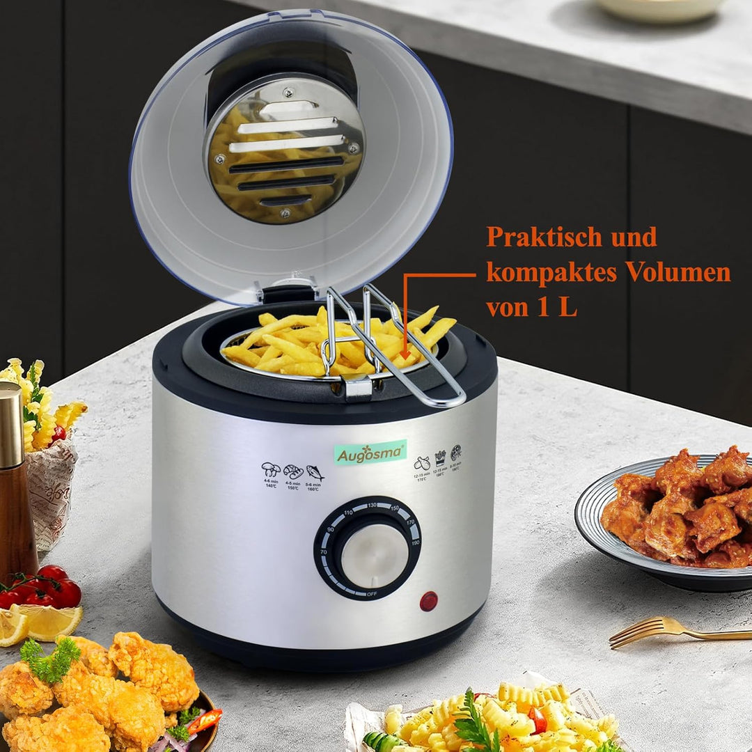 Augosma Mini Fritteuse Mit öl | 850-950W l Kapazität: 1 Liter l Sichtfenster l Frittierkorb aus Edel