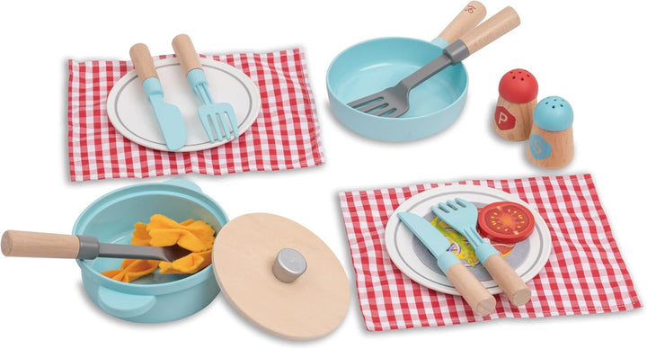Hape Koch- & Servierset für Kinder – Holz Spielküche Zubehör, Rollenspiel Kochset mit Töpfen, Pfanne