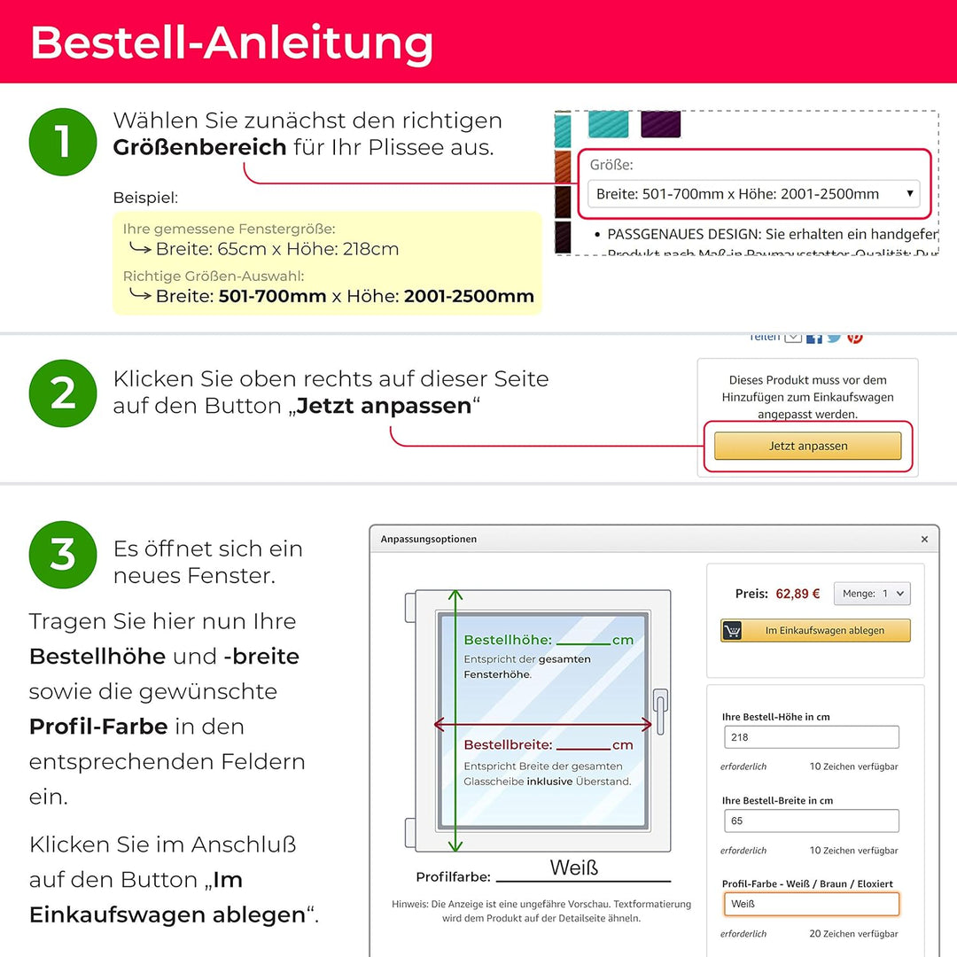 SchattenFreude Plissee nach Mass für Fenster | Mit Klemm-Haltern | Klemmfix ohne Bohren | Reinweiss,