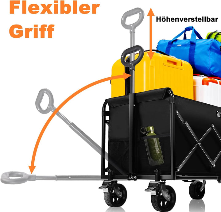 Bollerwagen Faltbar, Handwagen faltbar 150L Tragkraft 150KG mit verstellbarem Griff, Offroad-Rädern