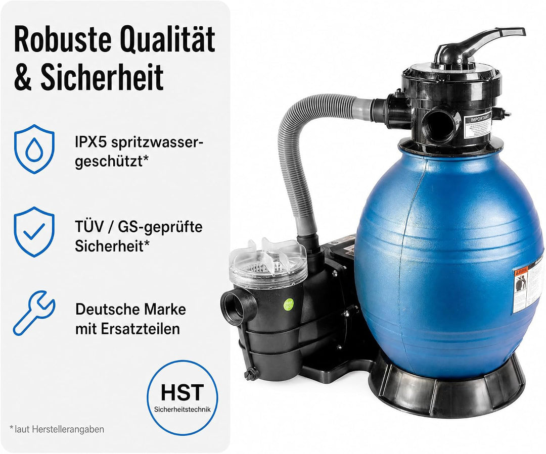 HST Profi Leis Sandfilteranlage 8 m3, 8000 Liter/Std, 250 W | Erweiterbare Filterpumpe mit geringer