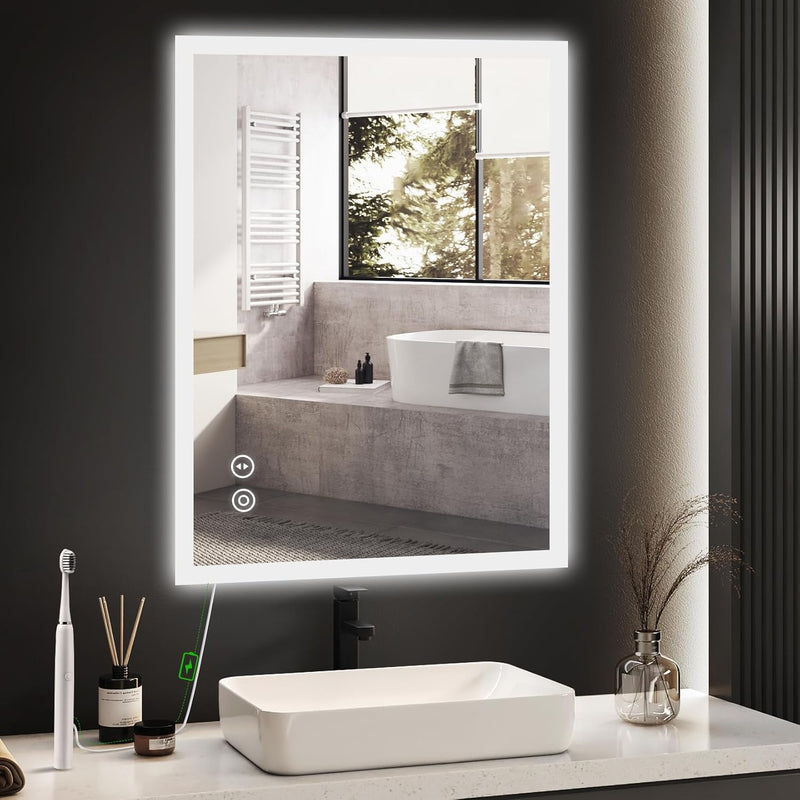 YOLEO Badspiegel mit Beleuchtung, LED Spiegel Wandspiegel mit Steckdose, Badzimmerspiegel LED mit To