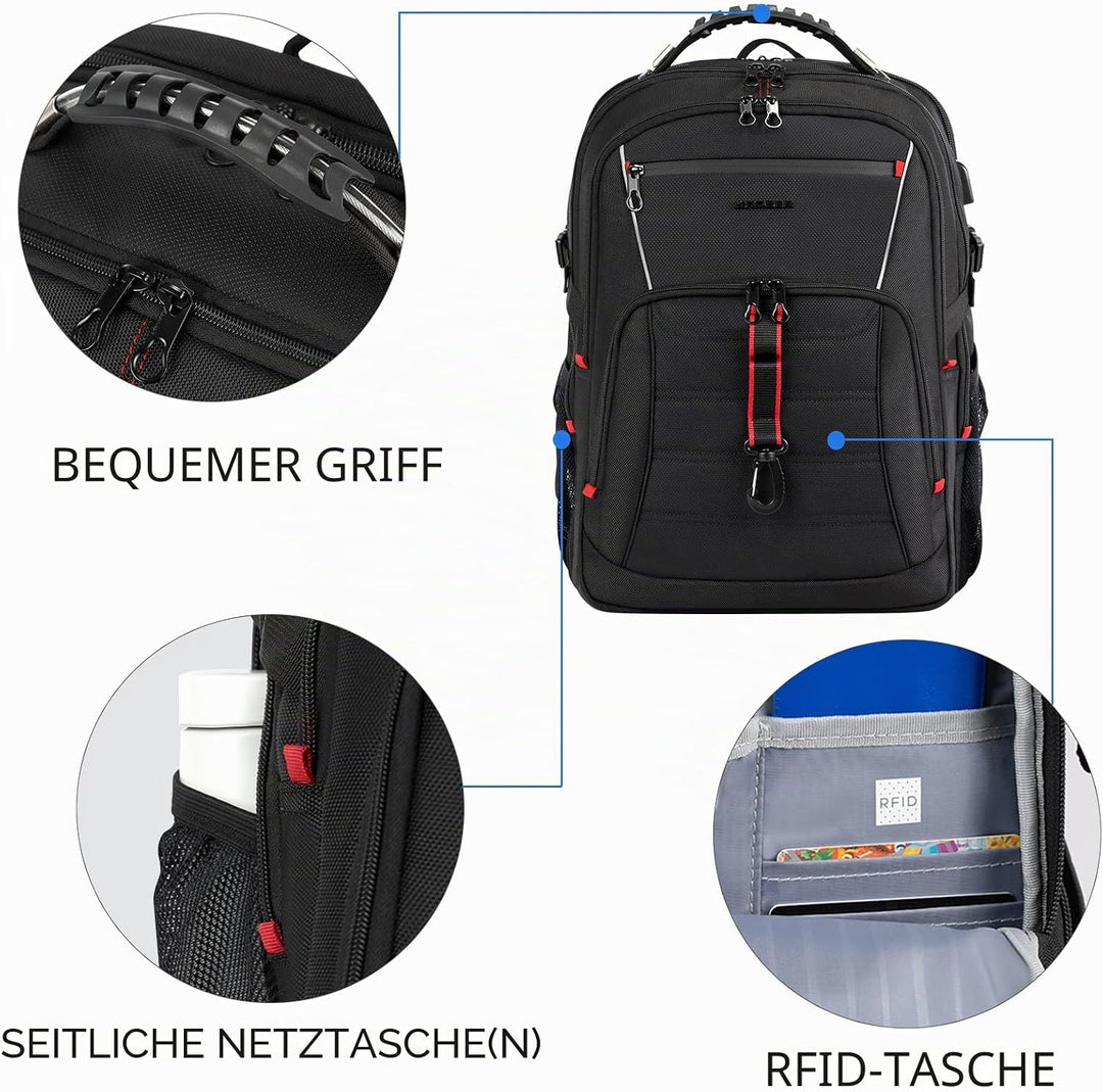 KROSER Grosser Rucksack für Herren, 17,3 – 18,4 Zoll, XXXL, Laptop-Rucksack, mit RFID-Taschen und wa