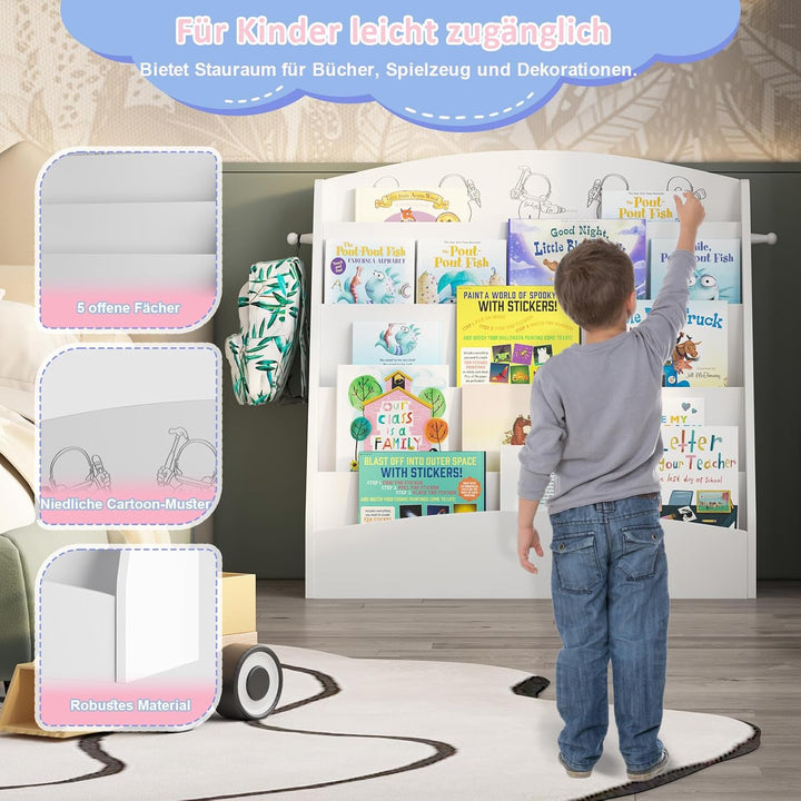 Kinder Bücherregal mit 5 offenen Fächern und Haken, Kinderregal Holz, Montessori Aufbewahrungsregal