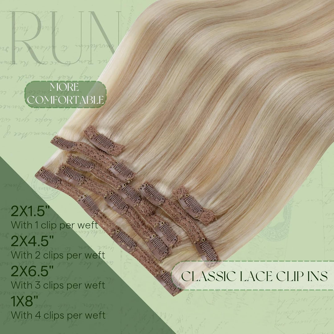 RUNATURE Clip Echthaar Extensions Aschblond mit Platinblond Echthaar Clip in Extensions Blond Echtha