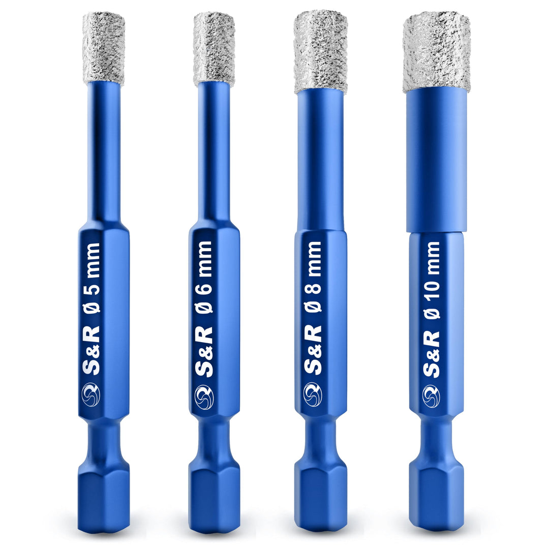 S&R Diamantbohrer, Fliesenbohrer, Glasbohrer Set 4-tlg. 5, 6, 8, 10 mm, Sechskant-Schaft, für Kerami