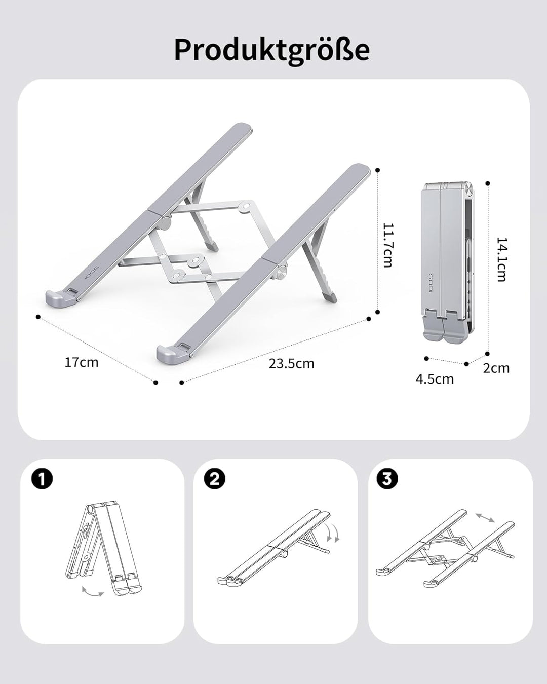 SODI Faltbarer Laptopständer 2-in-1, auch als Tablet-Ständer für iPad, 210 g leicht, 6-Fach Höhenver