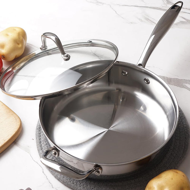 HOMICHEF Spiegelpolierte, nickelfreie Edelstahl-Sautépfanne mit Glasdeckel (keine giftige Antihaftbe