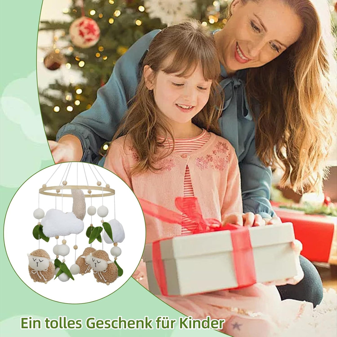 Lamm Mobile Baby Windspiele, 3D Schafe Mond Wolken Mobile Baby Holz mit Filzbällen, Bettglocke Anhän