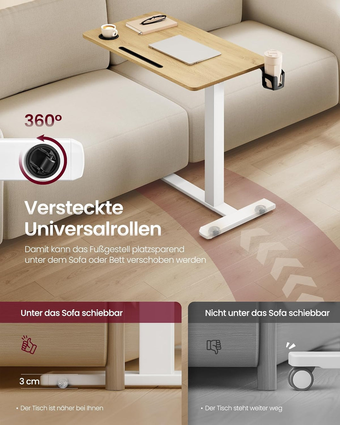 VASAGLE Beistelltisch mit Rollen, mobiler Stehtisch, 80 x 45 cm grosse Tischplatte, verstellbare Höh