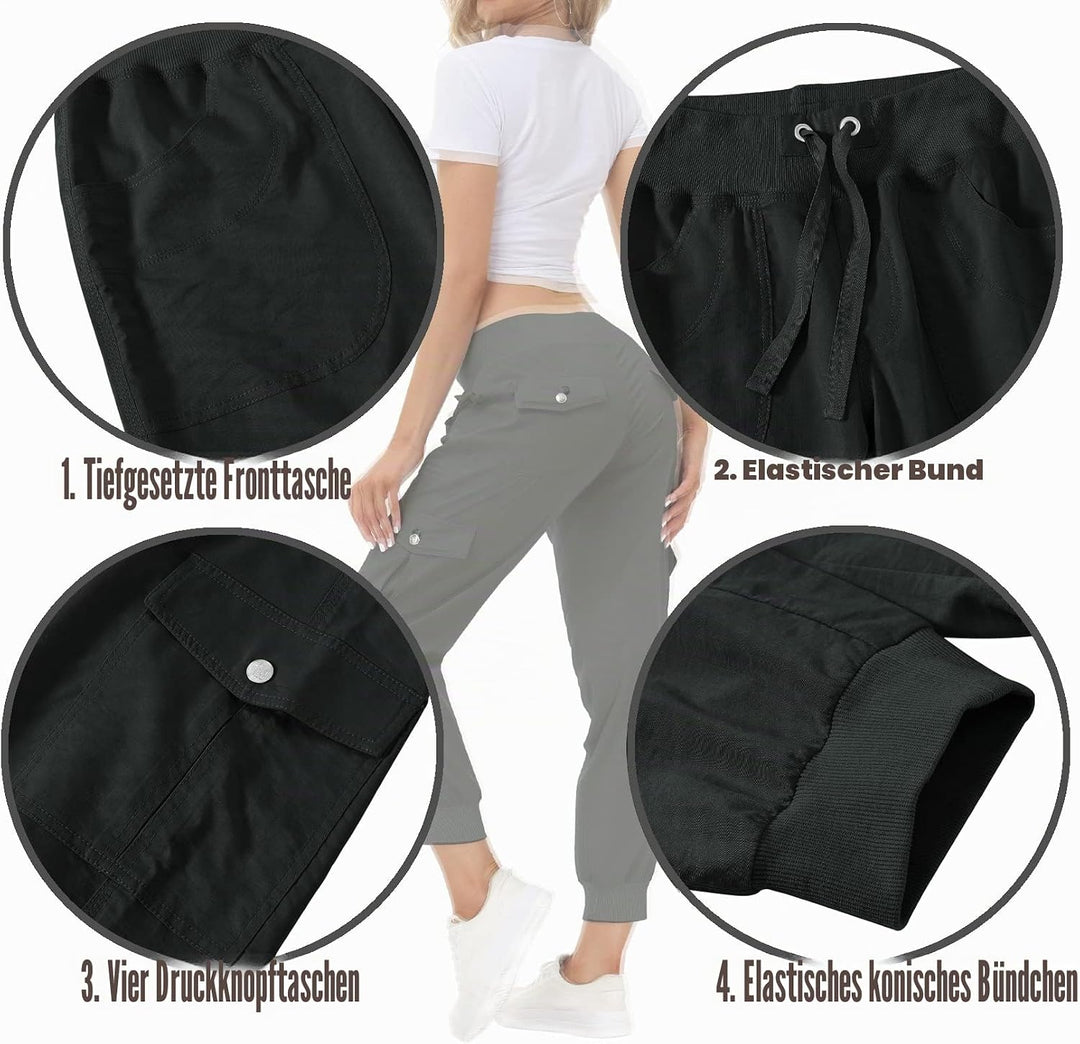 JINSHI Hosen Damen Cargohose Lange Capri Freizeithose Outdoor Jogginghose High Waist mit Kordelzug X