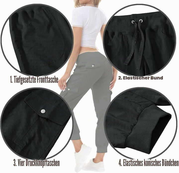 JINSHI Hosen Damen Cargohose Lange Capri Freizeithose Outdoor Jogginghose High Waist mit Kordelzug X