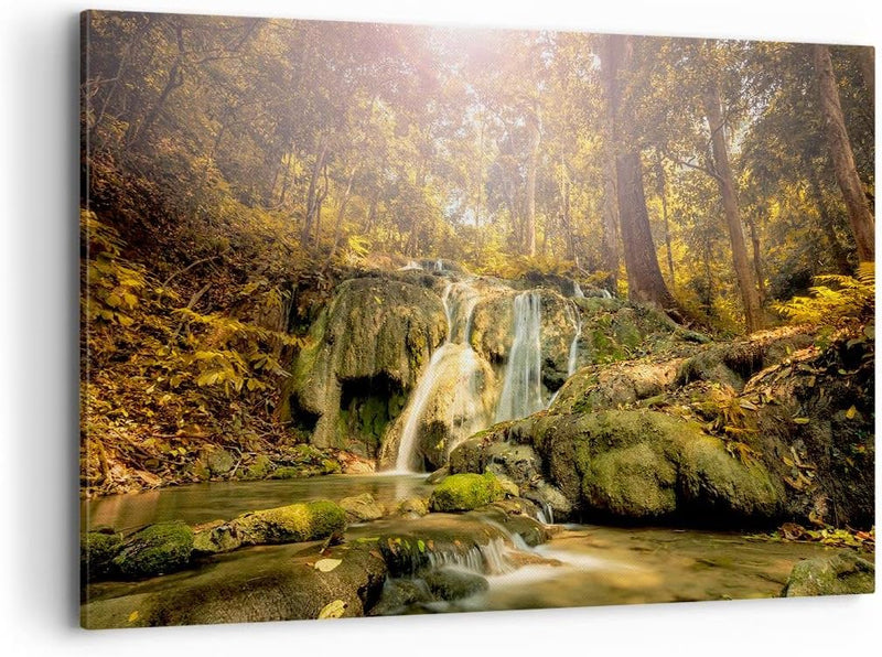 Bilder auf Leinwand 100x70cm Leinwandbild Wald Wasserfall Natur Umwelt Gross Wanddeko Bild Schlafzim