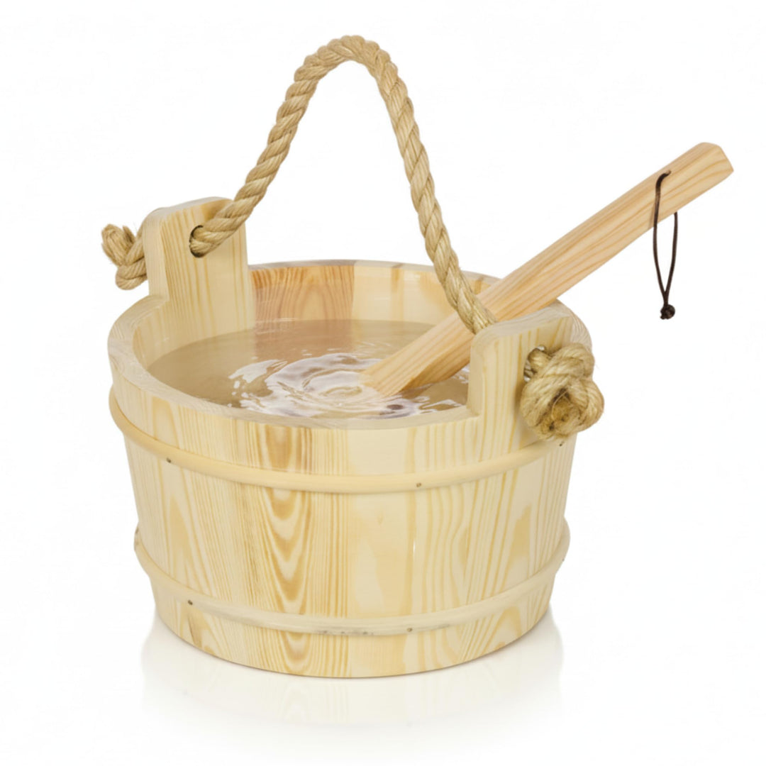 Suleno Sauna Zubehör Set - Saunaeimer mit Kelle aus Nadelholz, PVC-Einsatz, Auslaufsicher, Naturholz