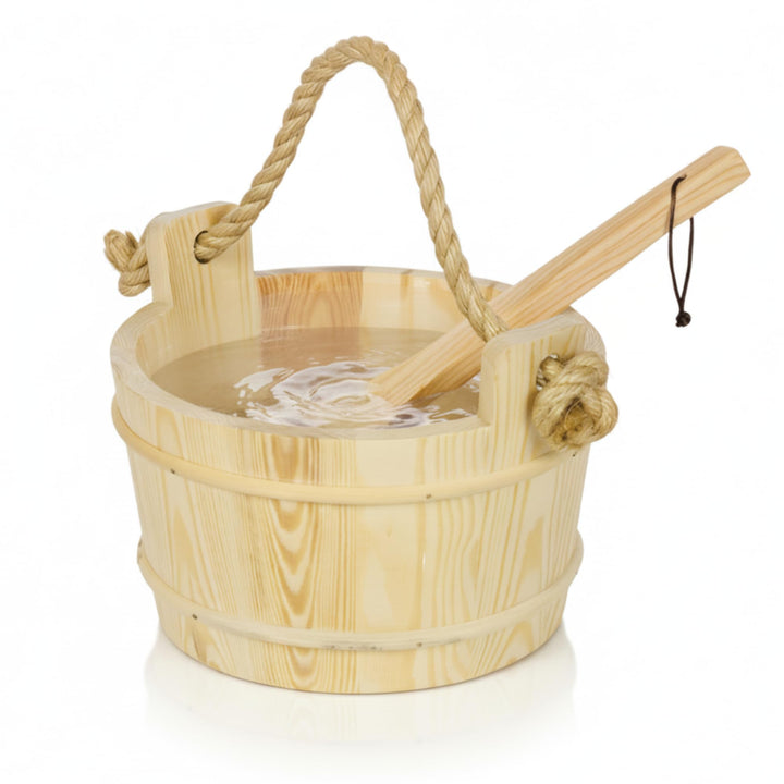 Suleno Sauna Zubehör Set - Saunaeimer mit Kelle aus Nadelholz, PVC-Einsatz, Auslaufsicher, Naturholz