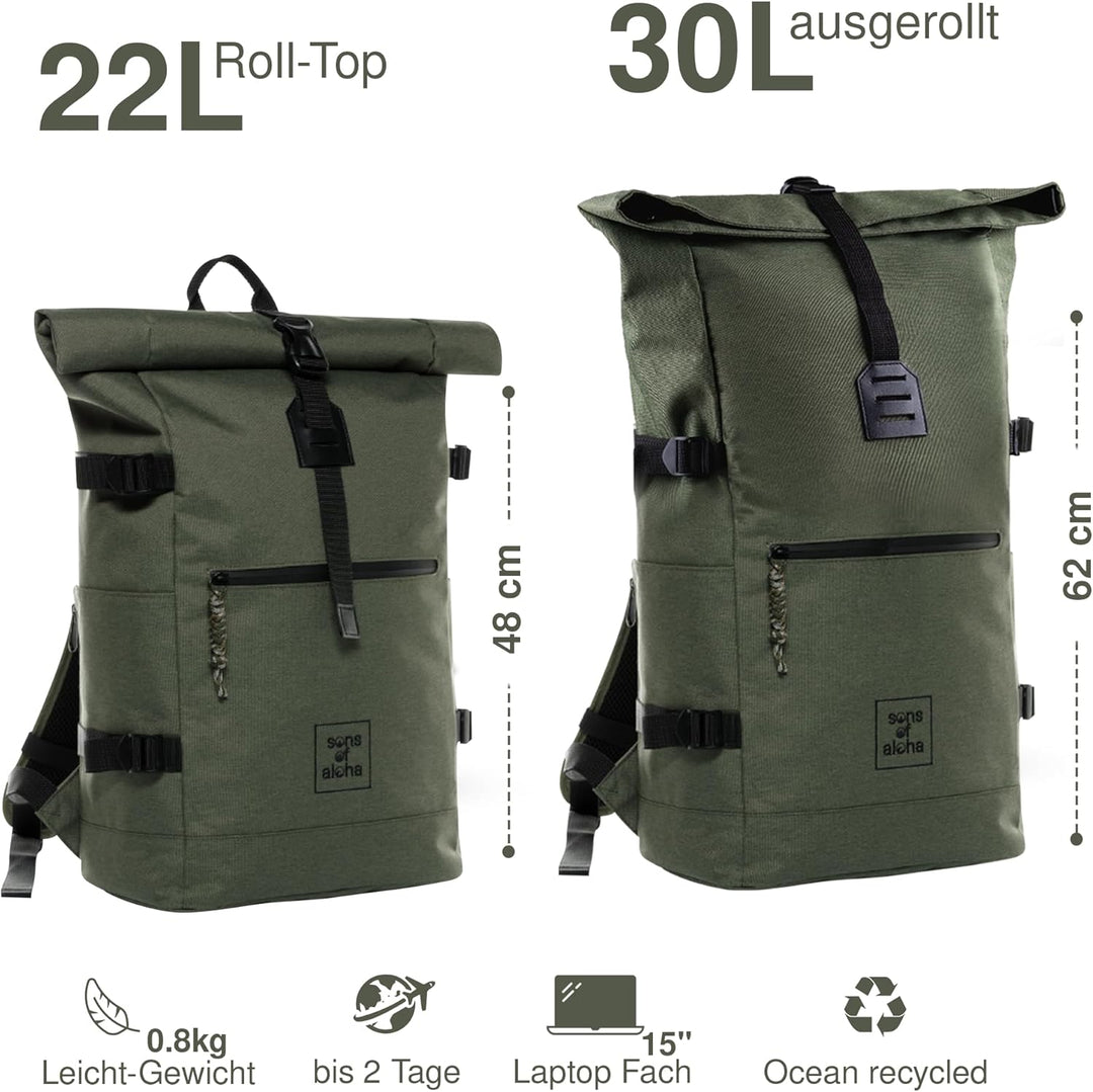 SONS OF ALOHA Rucksack KANE Roll-Top Kurierrucksack XL gross - PET recycelt, wasserabweisend - Wande