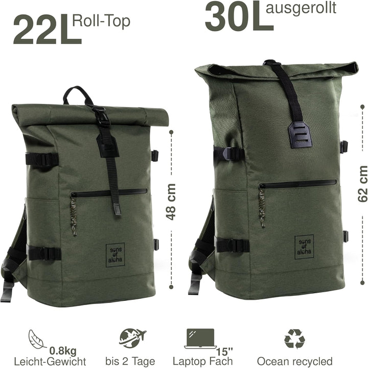 SONS OF ALOHA Rucksack KANE Roll-Top Kurierrucksack XL gross - PET recycelt, wasserabweisend - Wande