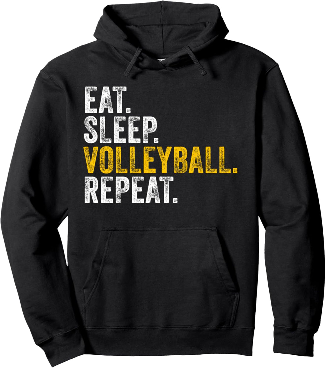 Essen Schlaf Volleyball Wiederholung Lustig Vintage Retro Used-Look Pullover Hoodie