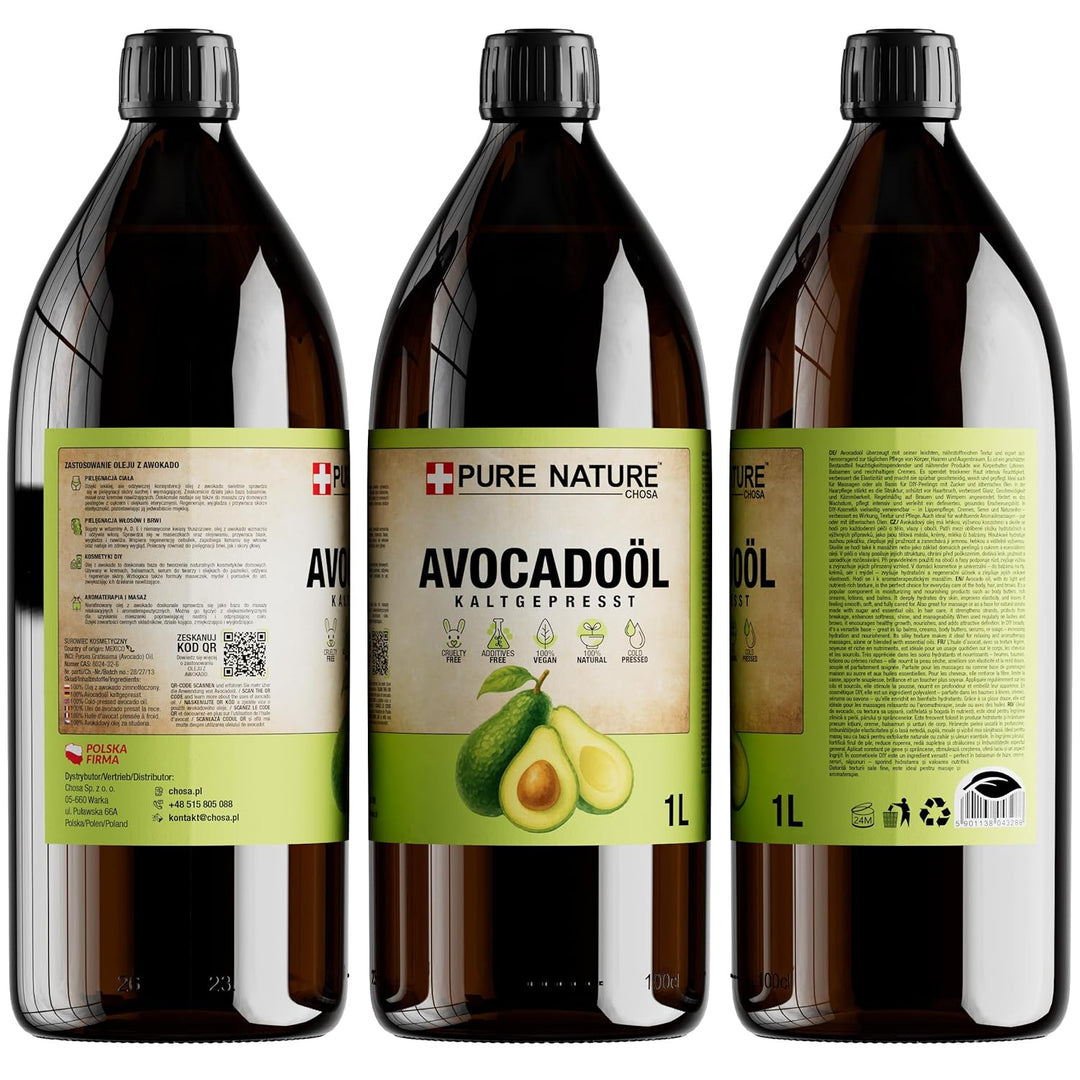 PURE CHEMICAL Bio-Avocadoöl + Spender 1000ml - Kaltgepresst - Unraffiniert - 100% natürlich - Rein -