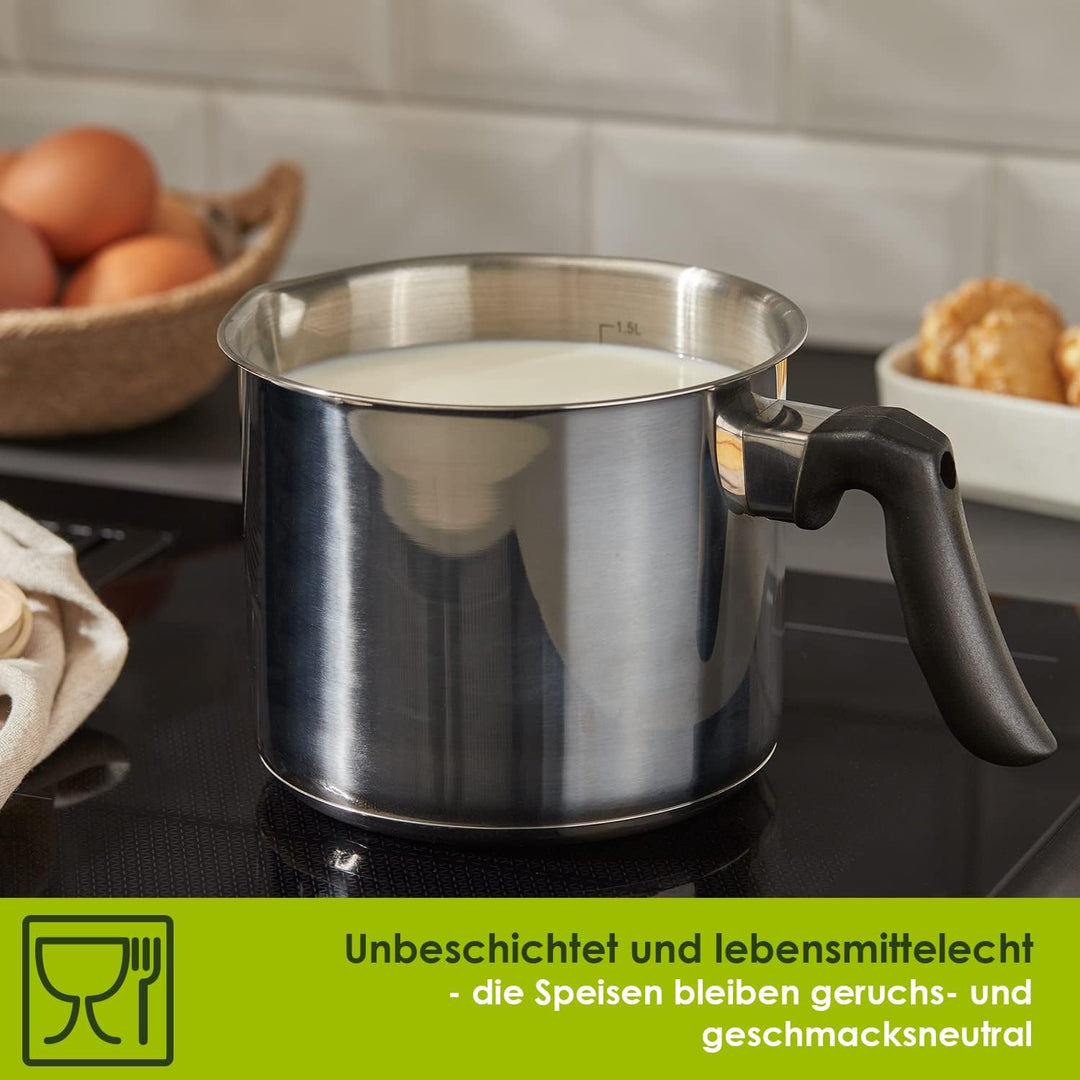 Level One Topf Kochtopf Milchtopf 14 cm Induktion, Edelstahl unbeschichtet | 12 cm hoher Rand, 1,5 L