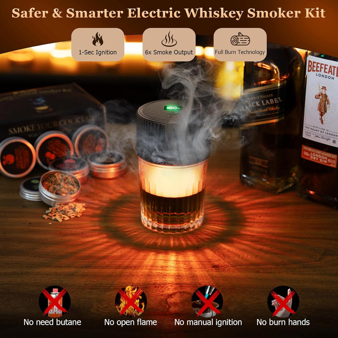 Elektrisches Cocktail Smoker Kit mit 4 Lichtmodi, wiederaufladbarer Whisky Räucher Set, 6 Holzspäne,