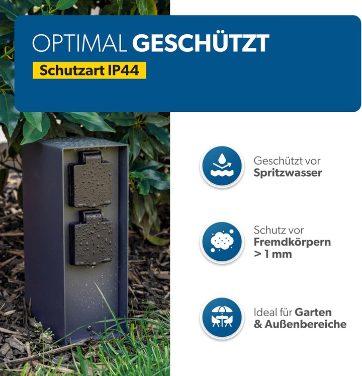 UNITEC Steckdosenverteiler für den Garten, Steckdosensäule mit Zeitschaltuhr, Aussensteckdose, Edels