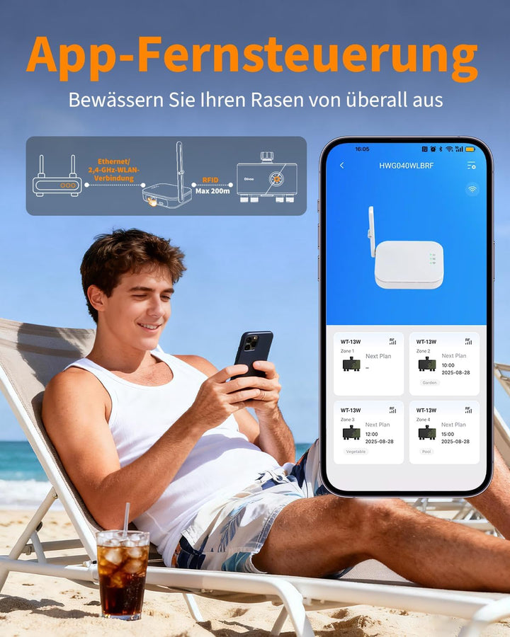 Diivoo WLAN Bewässerungscomputer 4 Ausgänge, Wasserzeitschaltuhr Gartenbewässerungssystem, Zeitschal