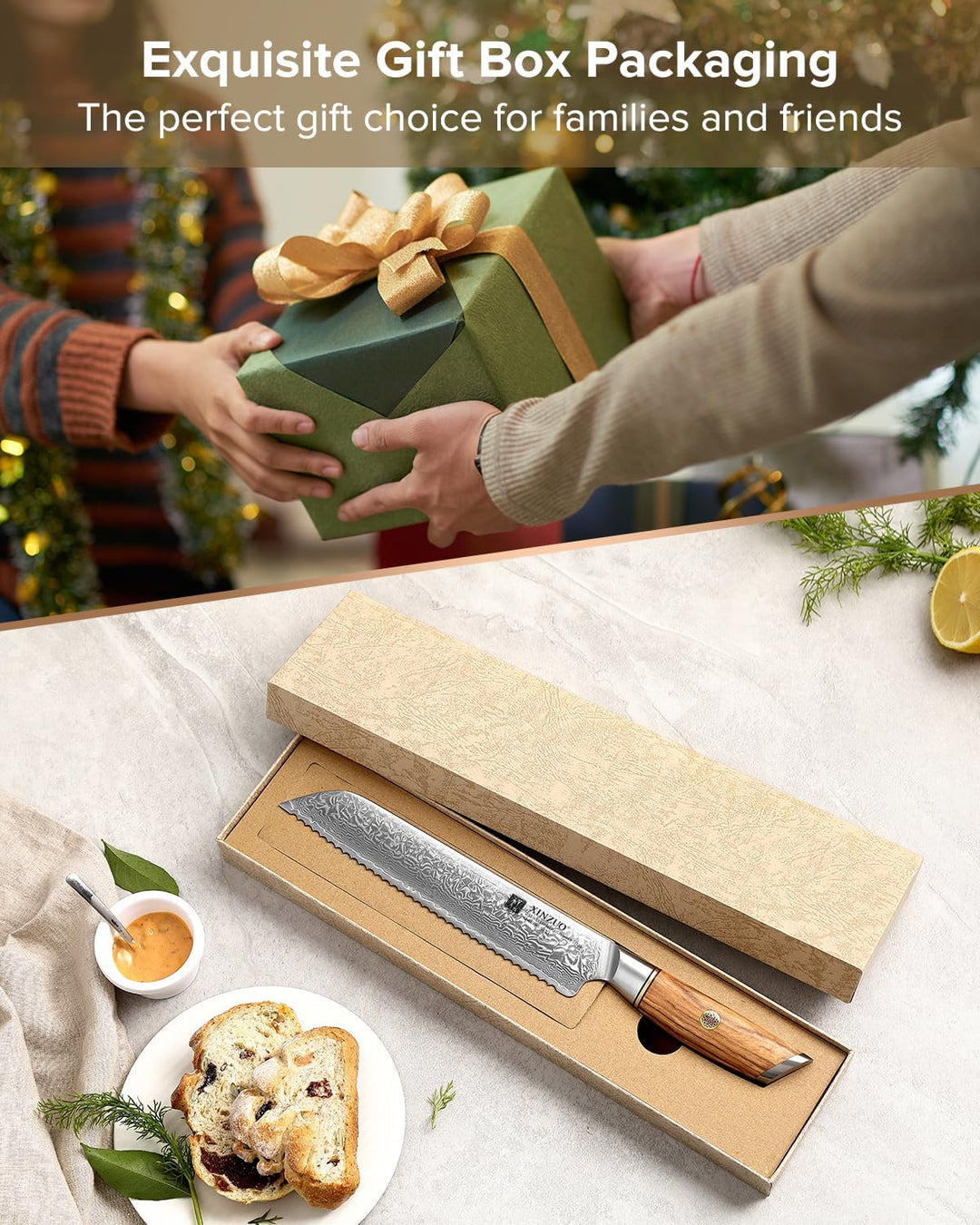 XINZUO Damaststahl Brotmesser 21.2cm, Damastpulverstahl 73 Schichten Küchenmesser, Profi Scharf Dama