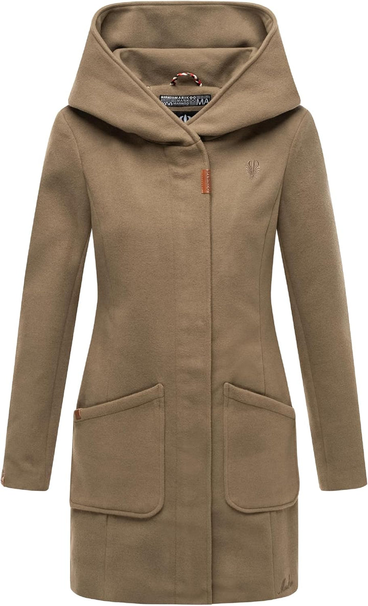 MARIKOO Damen Mantel in Wollmantel-Optik Warmer Trenchcoat mit Kapuze Maikoo XS-5XL XL Stone Brown,