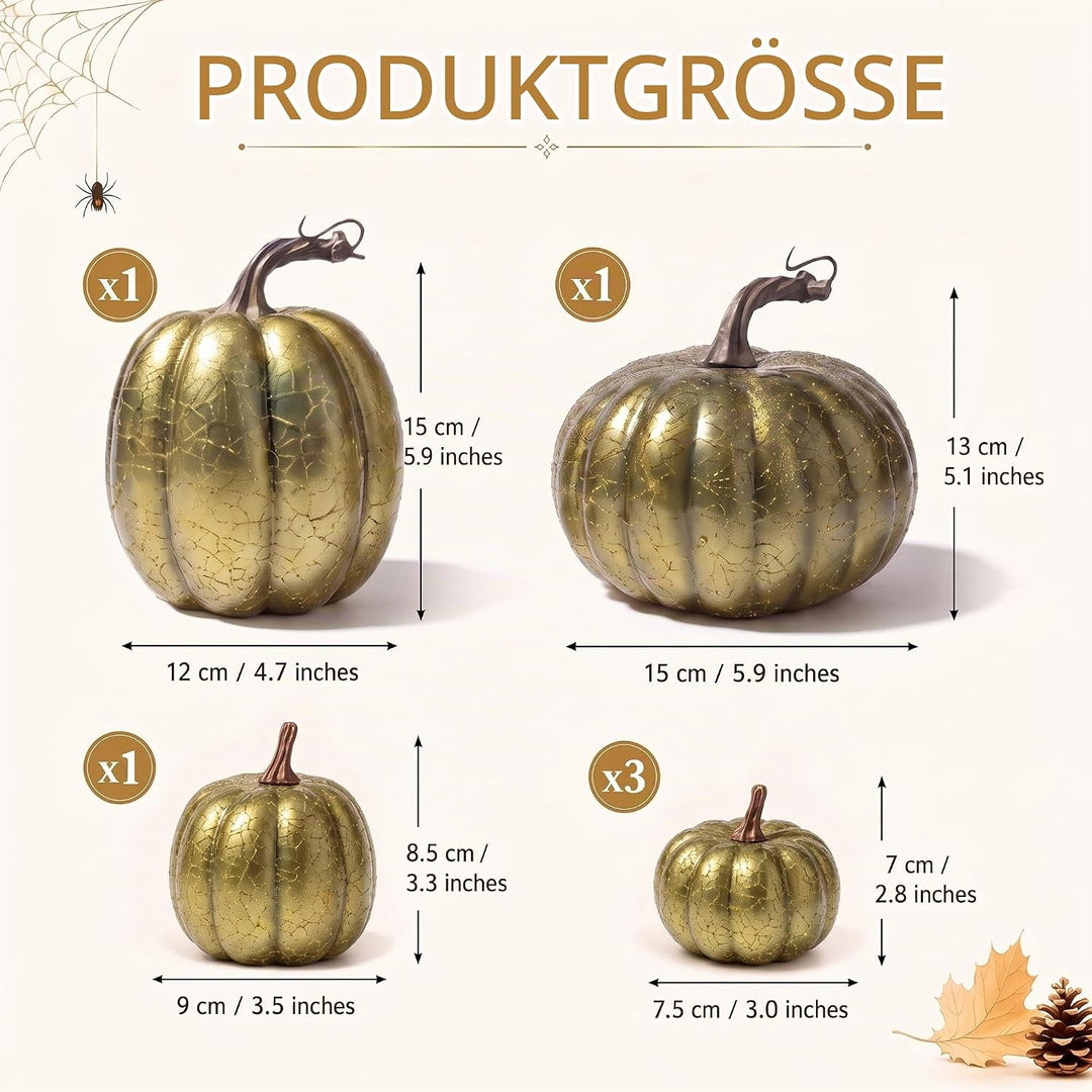 6 Stück Kürbis Deko Herbst,Künstlicher Kürbisse für Halloween Gold, Gold