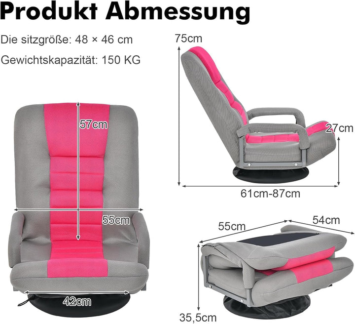 RELAX4LIFE Bodenstuhl Klappbar, Bodensessel mit 7-Fach Verstellbarer Rückenlehne &amp; 360° drehbarem So