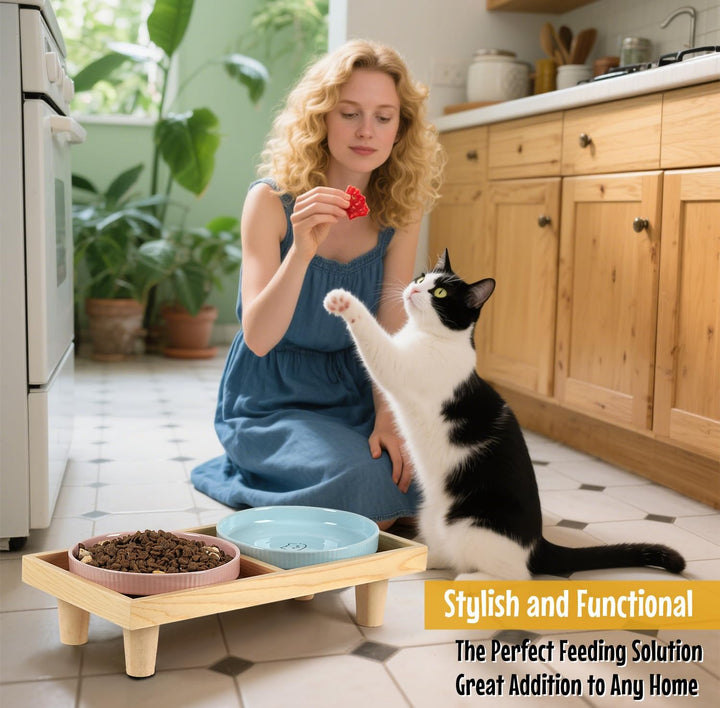 Katzennapf Flach Keramik mit Holzständer, Erhöhte Futterstation mit 2 Keramiknäpfe, Futternapf Katze
