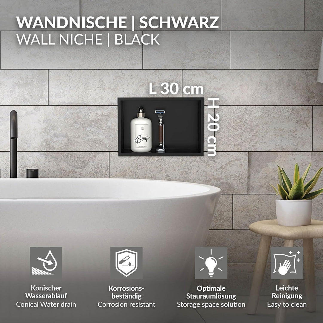 LuxeBath Wandnische aus Edelstahl, 20x30x10 cm, Schwarz, Duschnische mit Rahmen, Einbauregal, Flexib