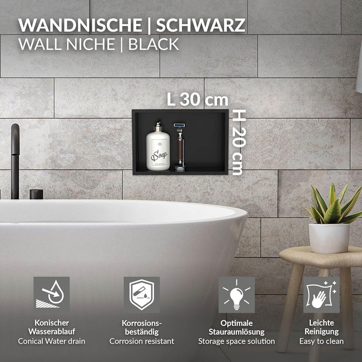LuxeBath Wandnische aus Edelstahl, 20x30x10 cm, Schwarz, Duschnische mit Rahmen, Einbauregal, Flexib