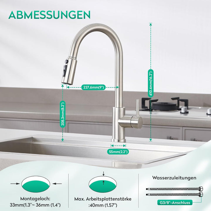 CREA 3 Wege Küchenarmatur mit Brause, Drei Wege Wasserhahn Küche Ausziehbar, 360° Drehbar 3 Wege Mis
