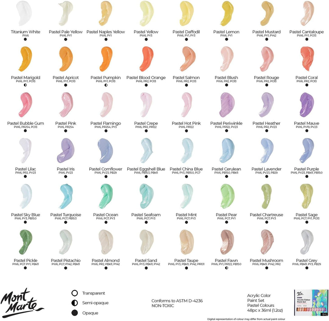 Mont Marte Acrylfarben Set Pastell – 48 x 36ml – Starke Deckkraft und Seidenmattes Finish – Pastellf
