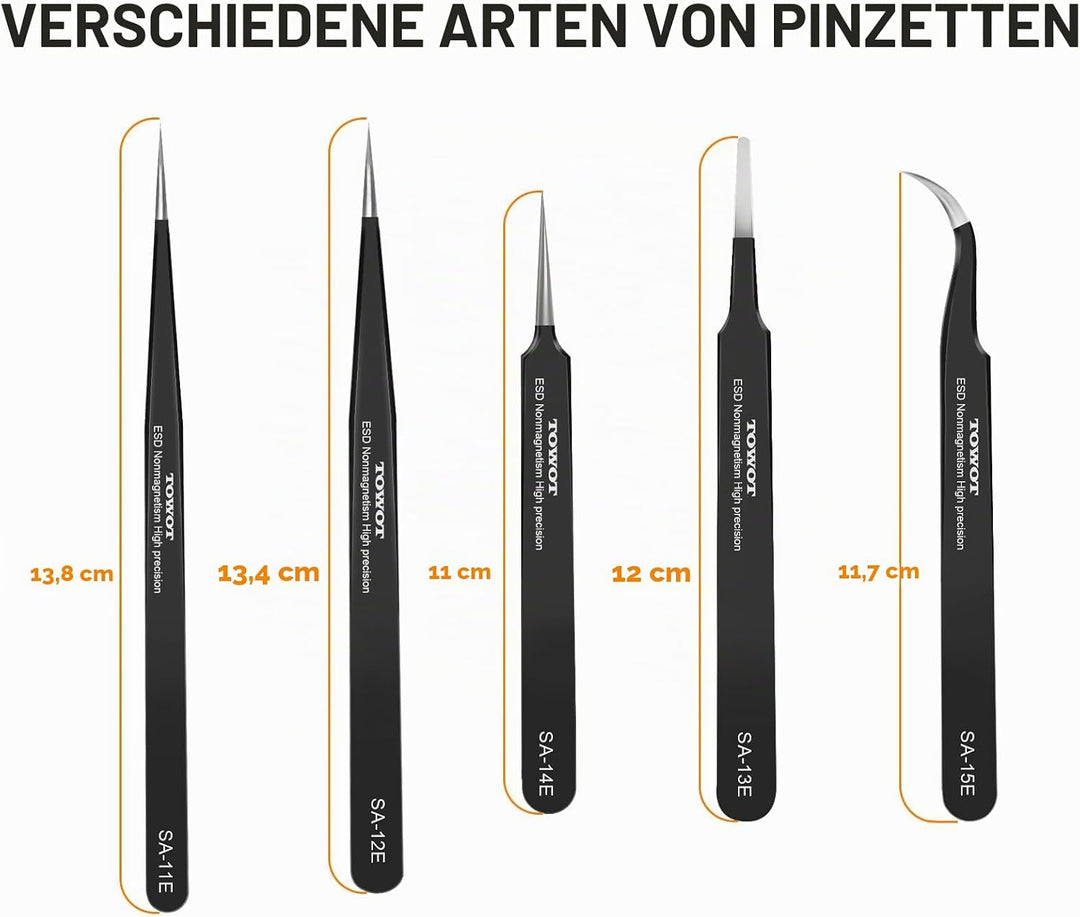 TOWOT 5PCS Präzisions Pinzette, Antistatische Edelstahlpinzette für Elektronik, Handwerk, Schweissen
