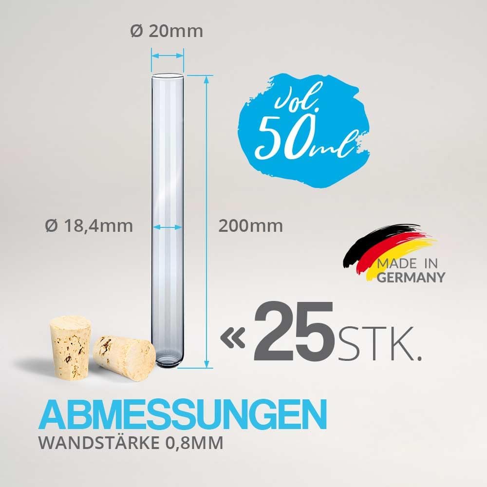 Tuuters Glas Reagenzglas mit Korken 25 Stück (200 x ø 20 mm) Gewürzgläser | Reagenzgläser für Blumen