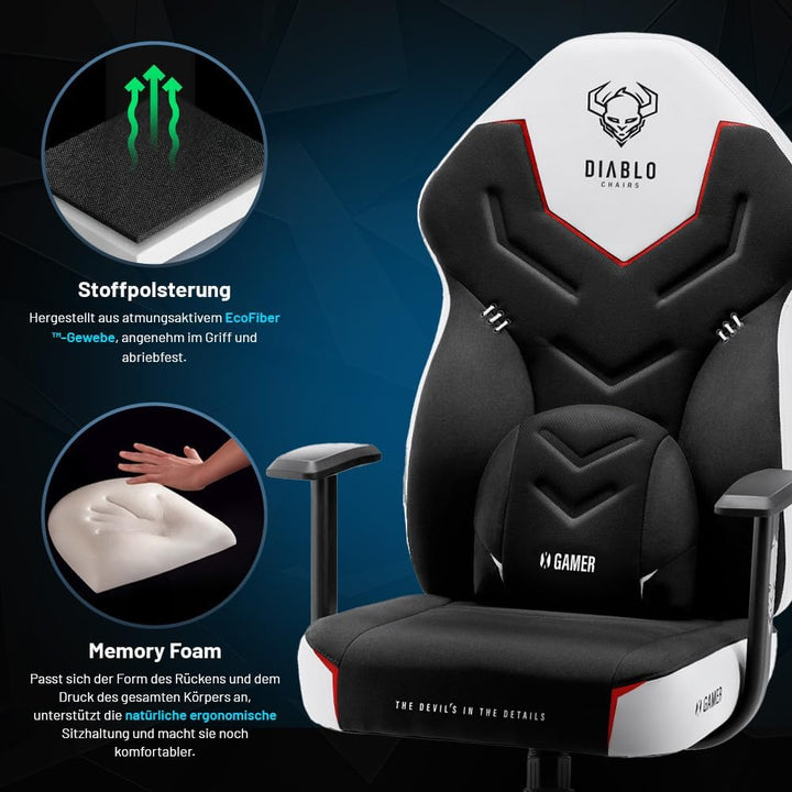 Diablo X-Gamer 2.0 Gaming Stuhl Bürostuhl Stoffbezug Ergonomisches Design Lendenwirbelkissen Softpad